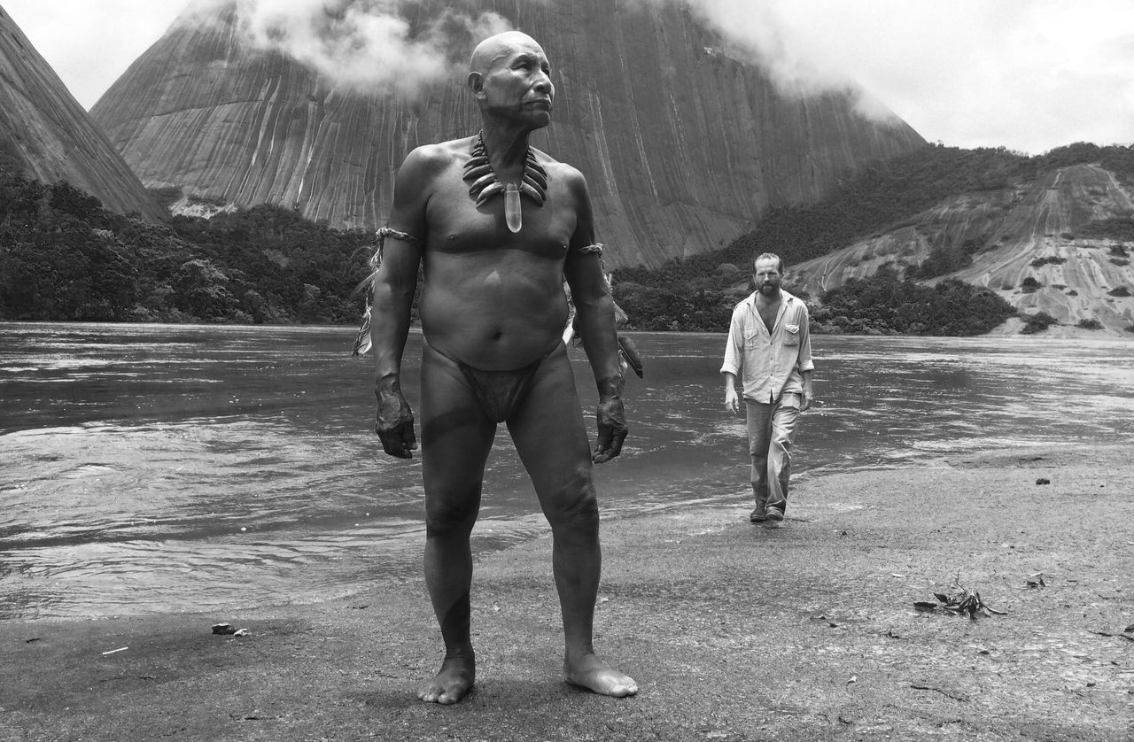 Antonio Bolivar Salvador (left) as old Karamakate, and Brionne Davis as the young explorer Evan in a scene from “Embrace of the Serpent,” a Colombian movie that was nominated for an Academy Award for best foreign film.