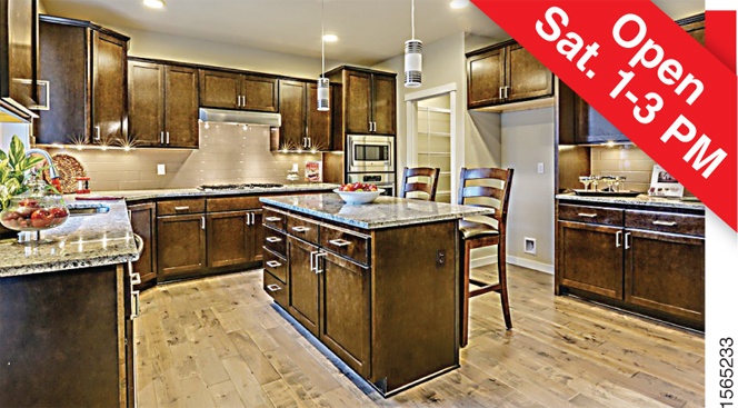 The kitchen offers a large island and a pantry.