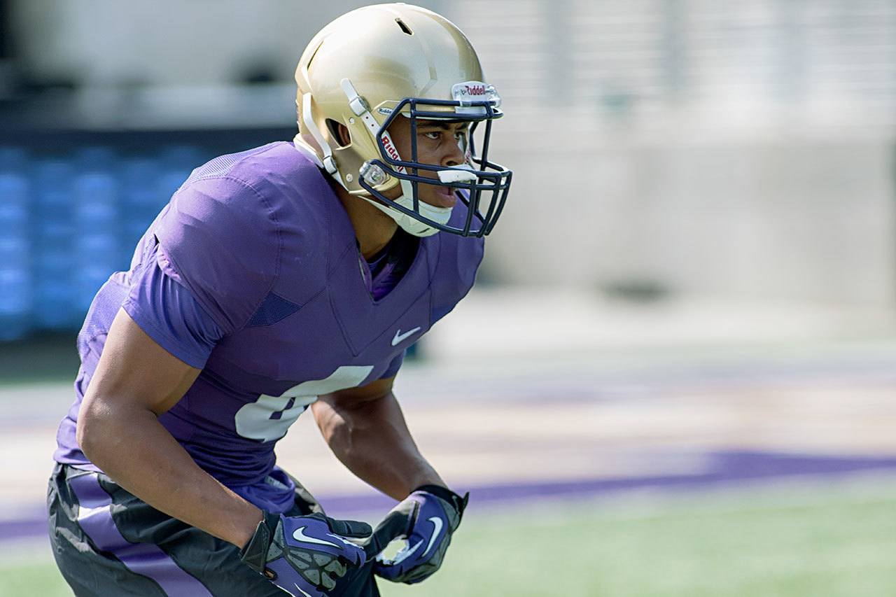 Former Marysville Pilchuck High School standout Austin Joyner is back practicing with the University of Washington football team after missing virtually all of last season with a knee injury. (Mason Kelley/UW Athletic Communications)