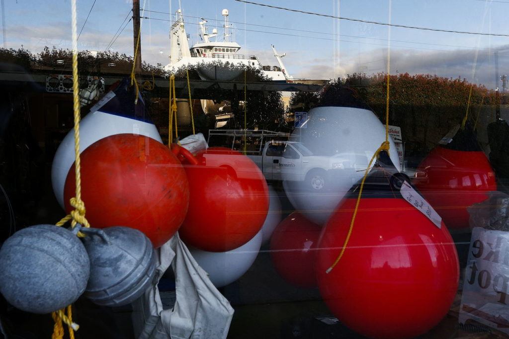 Buoys hang in the window at Marine Supply and Hardware Co. in Anacortes on Feb. 18.
