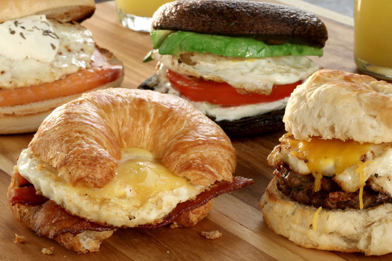 Choose your favorite components and build: smoked salmon and egg on English muffin; bacon and egg on croissant; avocado, tomato and egg on sauteed portobello mushroom caps (for a paleo approach); and sausage and egg on a biscuit.