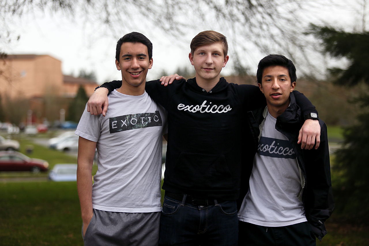 From left, juniors at Mountlake Terrace High School, Malek Qibaa, 17, Samuel Polevoy, 17, and Bukhari Shakil, 16, have started their own online clothing business.