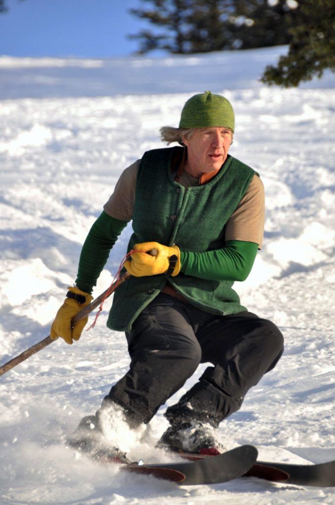 Nils Larsen, a free-heel skiing guru based in Curlew, Washington, demonstrates his technique on the Altai Hok skis and single tiak pole.
