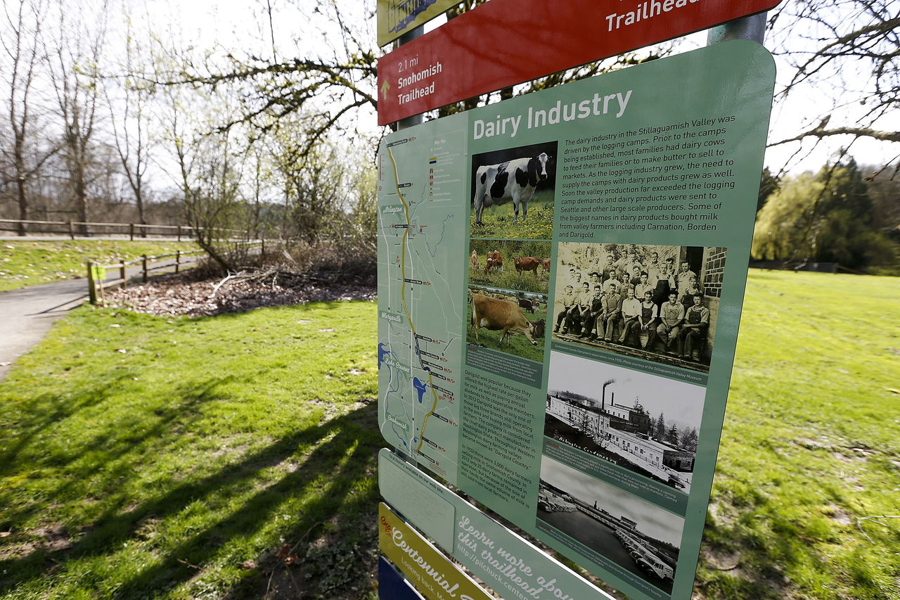 Ian Terry / The Herald Signs displaying history from the Snohomish area are seen along the Centennial Trail near Snohomish on Thursday, March 10, 2016. Photo taken on 0310016