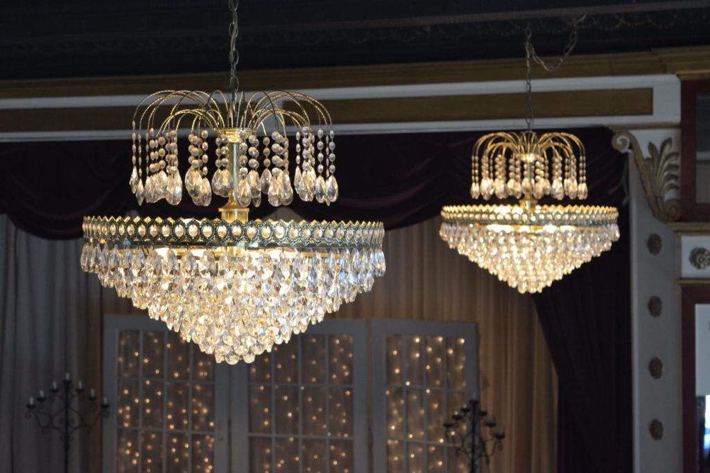 Chandeliers hang in the newly renovated Marysville Opera House.
