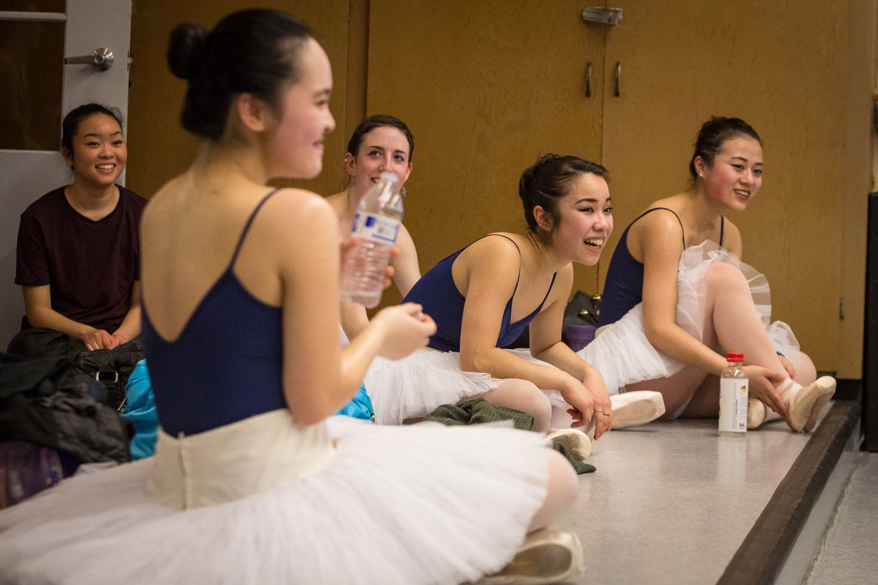 Olympic Ballet Theatre dancers take a break during rehearsal for “The Sleeping Beauty” at Olympic’s studio in Edmonds.