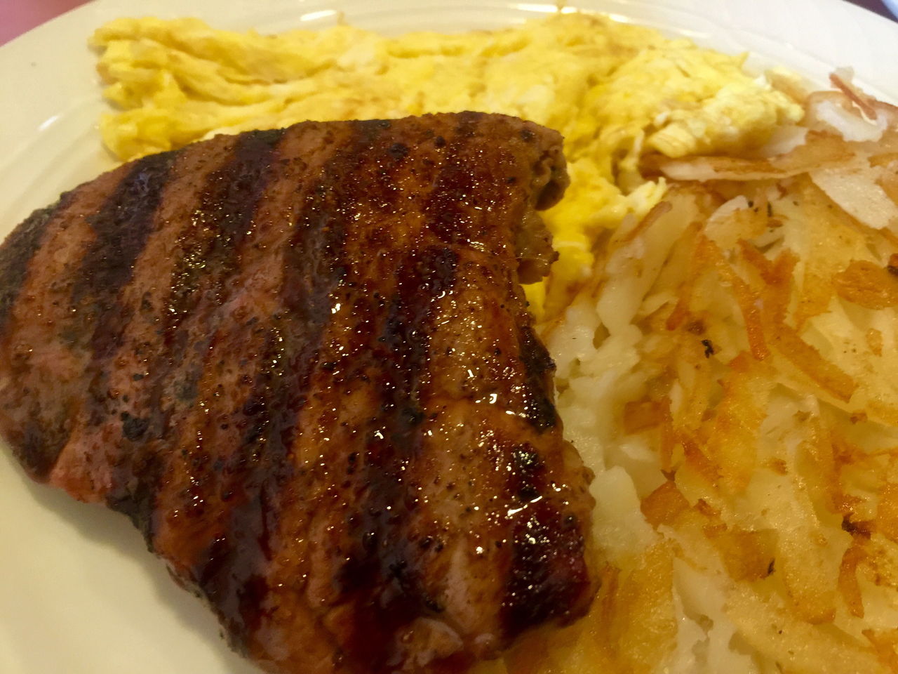 At Cliffhanger, a breakfast $5.99 plate deal with steak, eggs, hash browns and Texas toast is served all day.