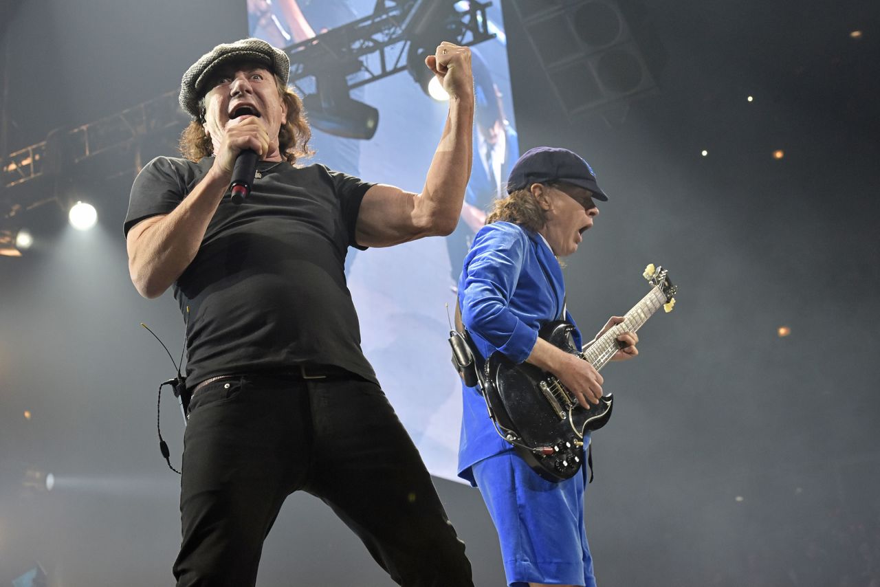 Brian Johnson (left) and Angus Young perform with AC/DC on the Rock or Bust Tour in Chicago on Feb. 17.