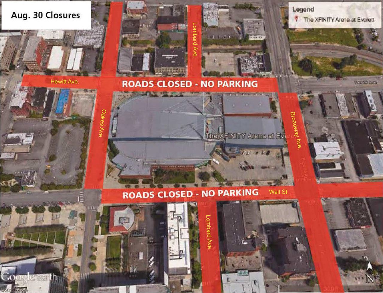 Drivers will be dealing with detours and closed streets around Xfinity Arena Tuesday afternoon when the Trump Train arrives. (City of Everett)
