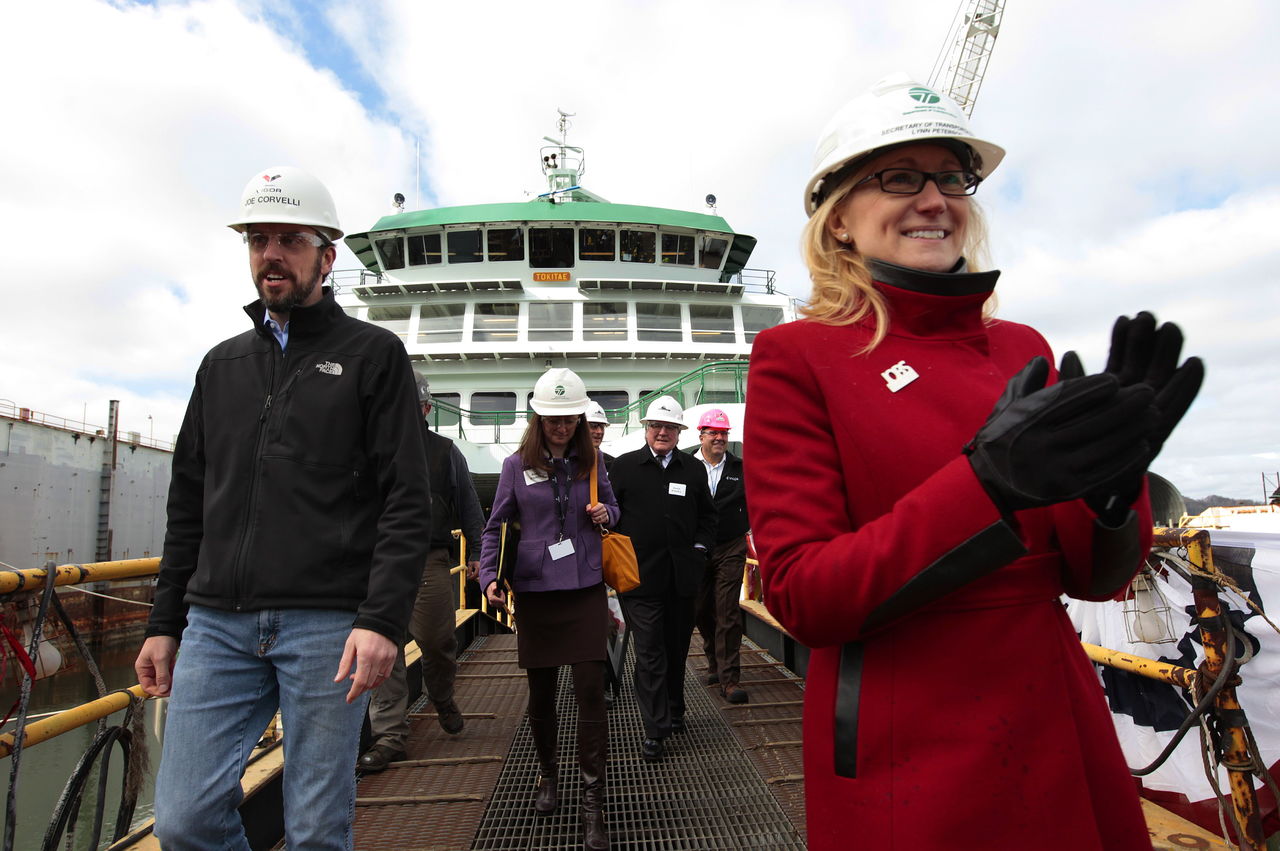 Washington Secretary of Transportation Lynn Peterson (right) at the christening of the state ferry Tokitae in Seattle in 2014.