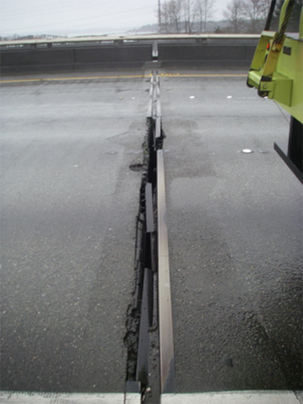 A deteriorating expansion joint on the I-5 bridge over Steamboat Slough between Everett and Marysville.
