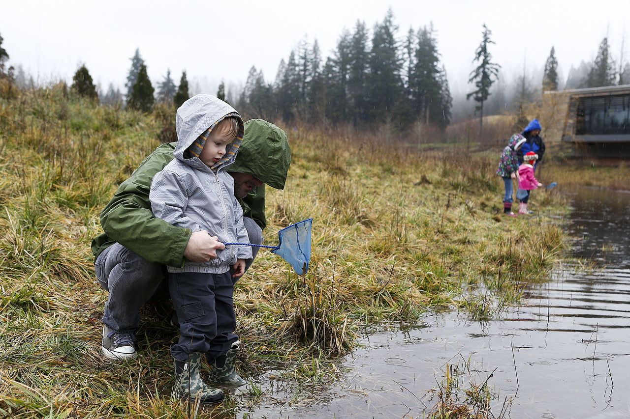 Jason Saura (left), of Kirkland, helps his 2-year-old son, Lincoln, collect insects at the Brightwater Treatment Plant’s Education and Community Center in Woodinville.