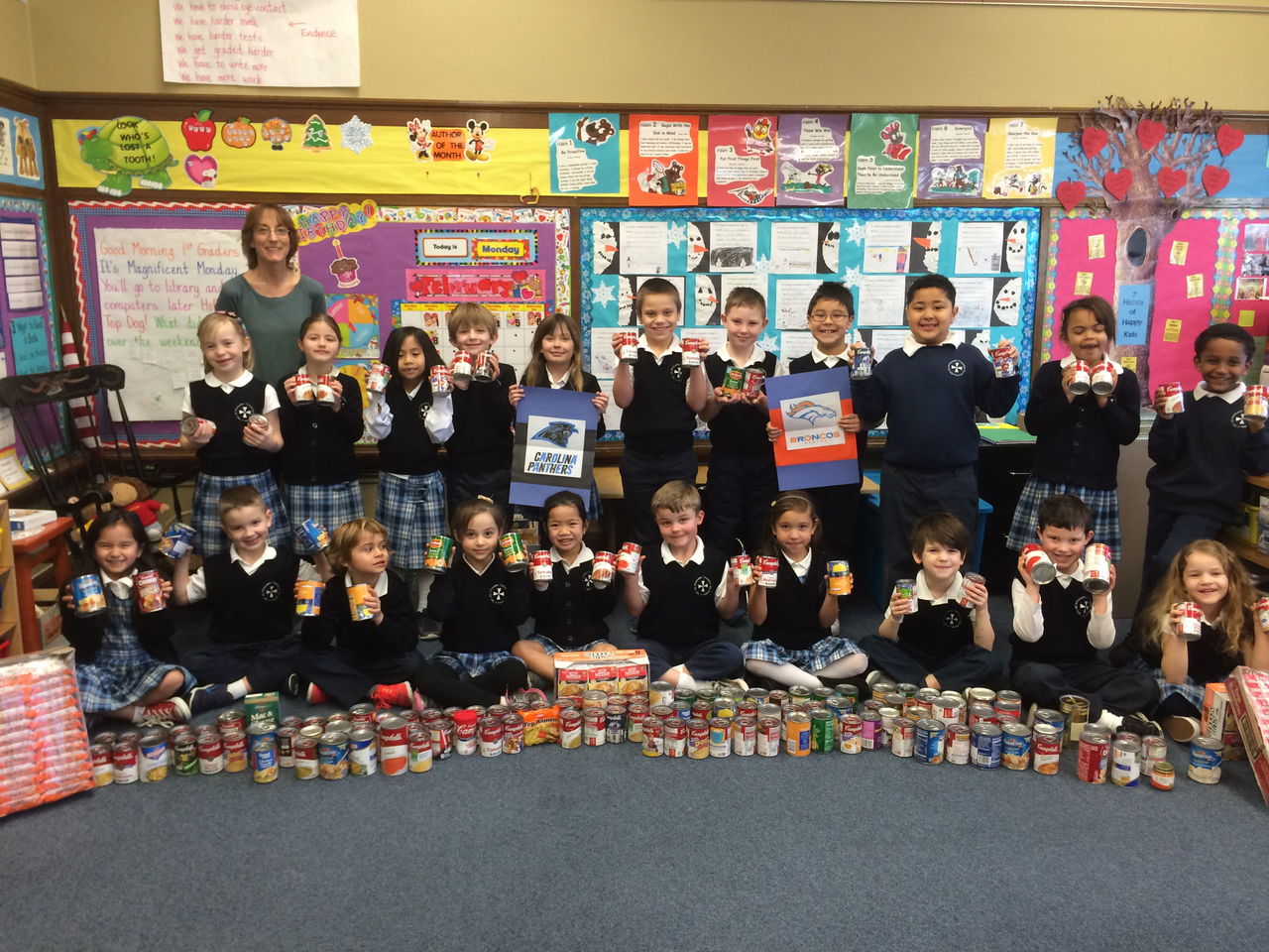 Vicki Weatherbie’s first-grade class from Immaculate Conception Our Lady of Perpetual Help School collected 300 cans of soup for the St. Vincent de Paul food bank as part of a “Souper Bowl” fundraiser leading up to Super Bowl 50.