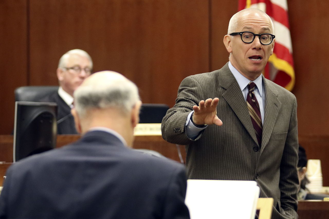 Attorney Donald Wackerman gives his opening statement in defense of his client, David Morgan, on Wednesday morning at the Snohomish County Courthouse in Everett.