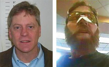 Christian N. Franzwa (left) is suspected of being the man who wore a fake nose and beard (right) while robbing banks.