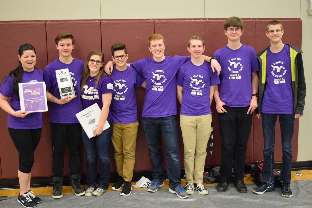 Lake Stevens High School robotics students (from left) Alexis Hepburn, Eli McCoy, Abby Hanson and Jonah Hanson of team Trifecta, and Aiden Pyle, Ryan Sobosky, Andrew Debach and Skyler Baugher of team 5 Guys are headed to the VEX Robotics World Championships. Not pictured is Jordan Conner.