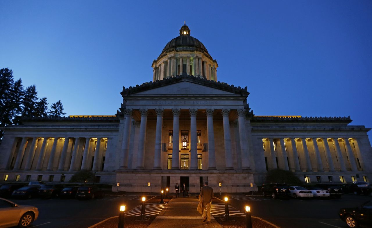 The Legislative Building in Olympia at dusk on Thursday.