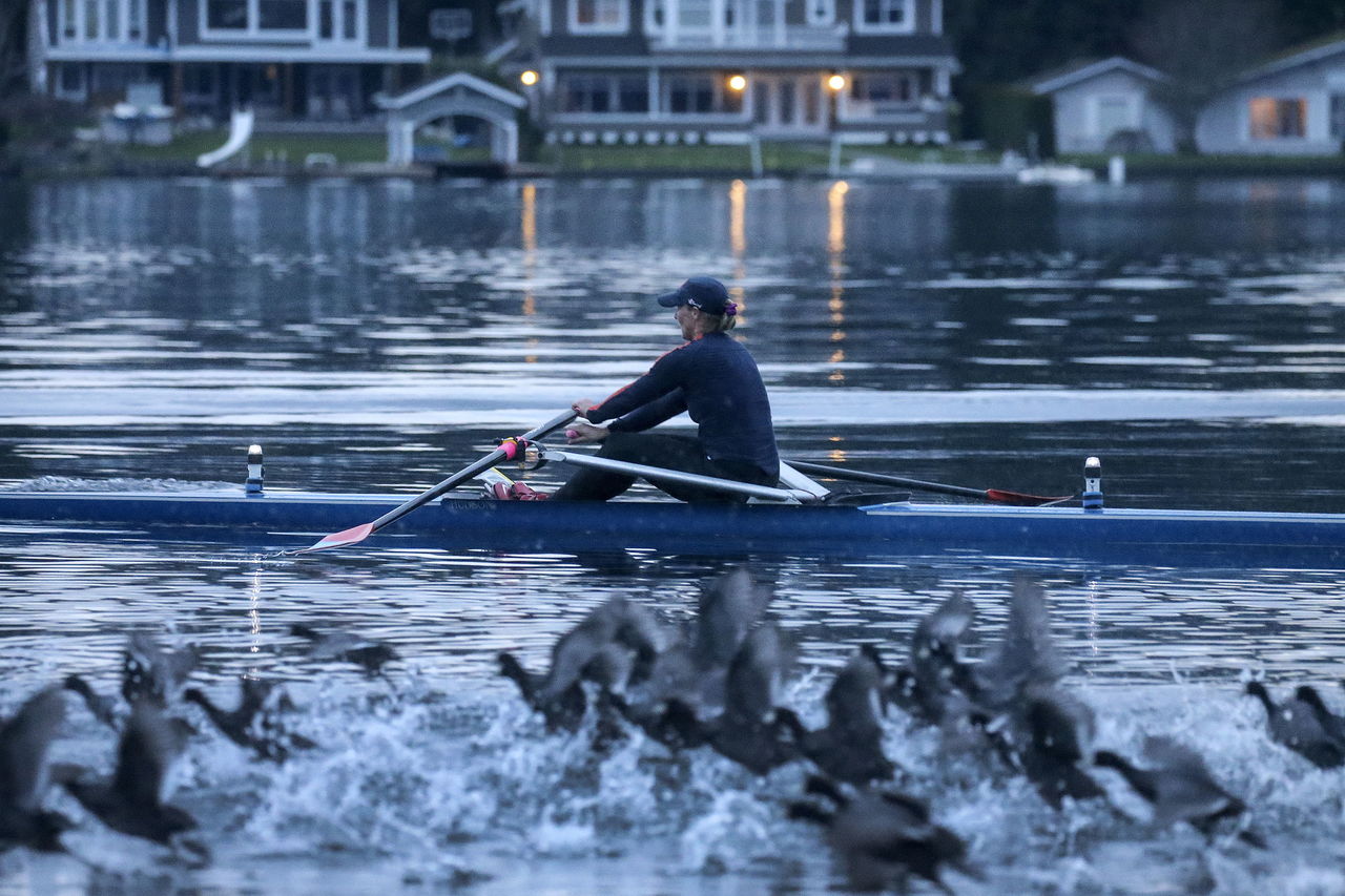 Jen Huffman, a member of the North Cascades Crew, trains Sunday morning on Lake Stevens.