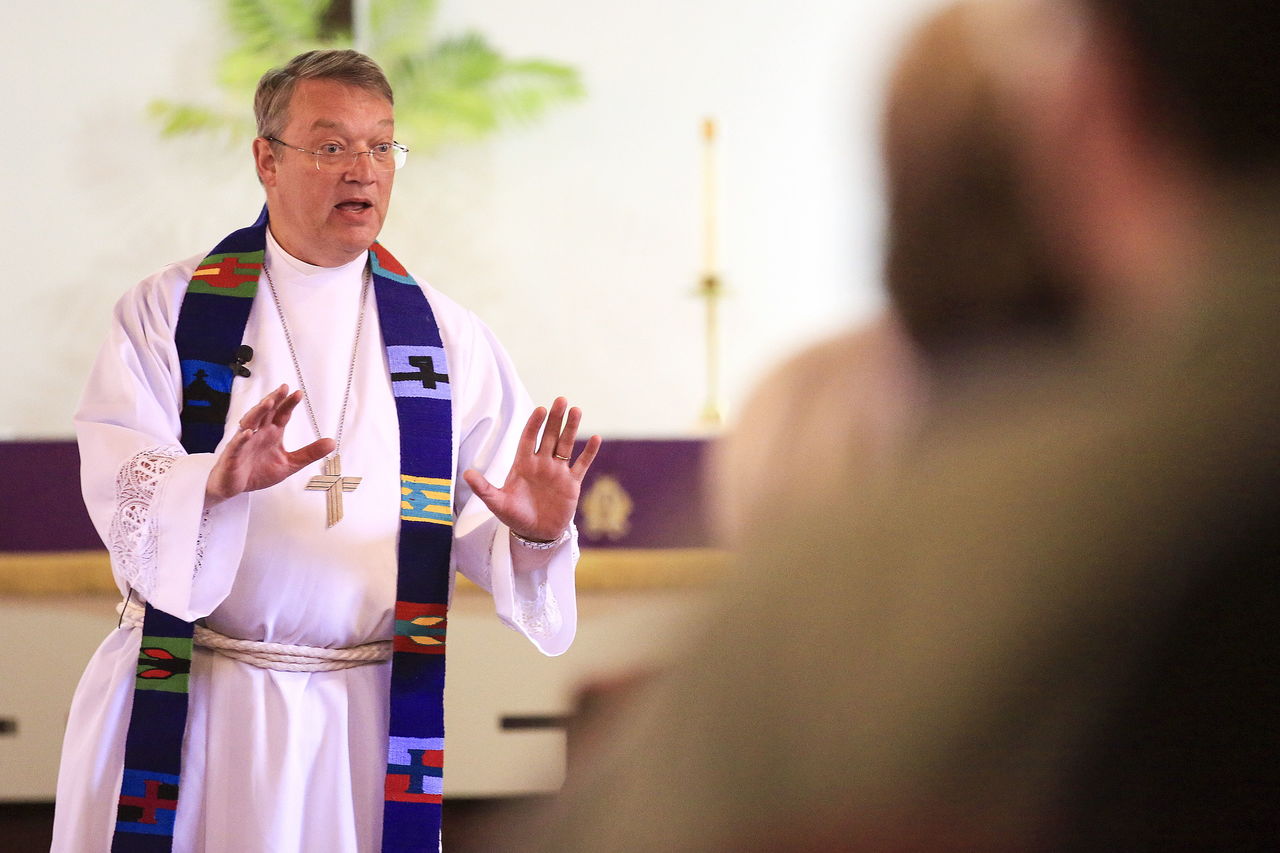 The Rev. Paul Linnemann delivers his sermon during an afternoon service March 20 at Mt. Zion Lutheran Church in Mountlake Terrace.