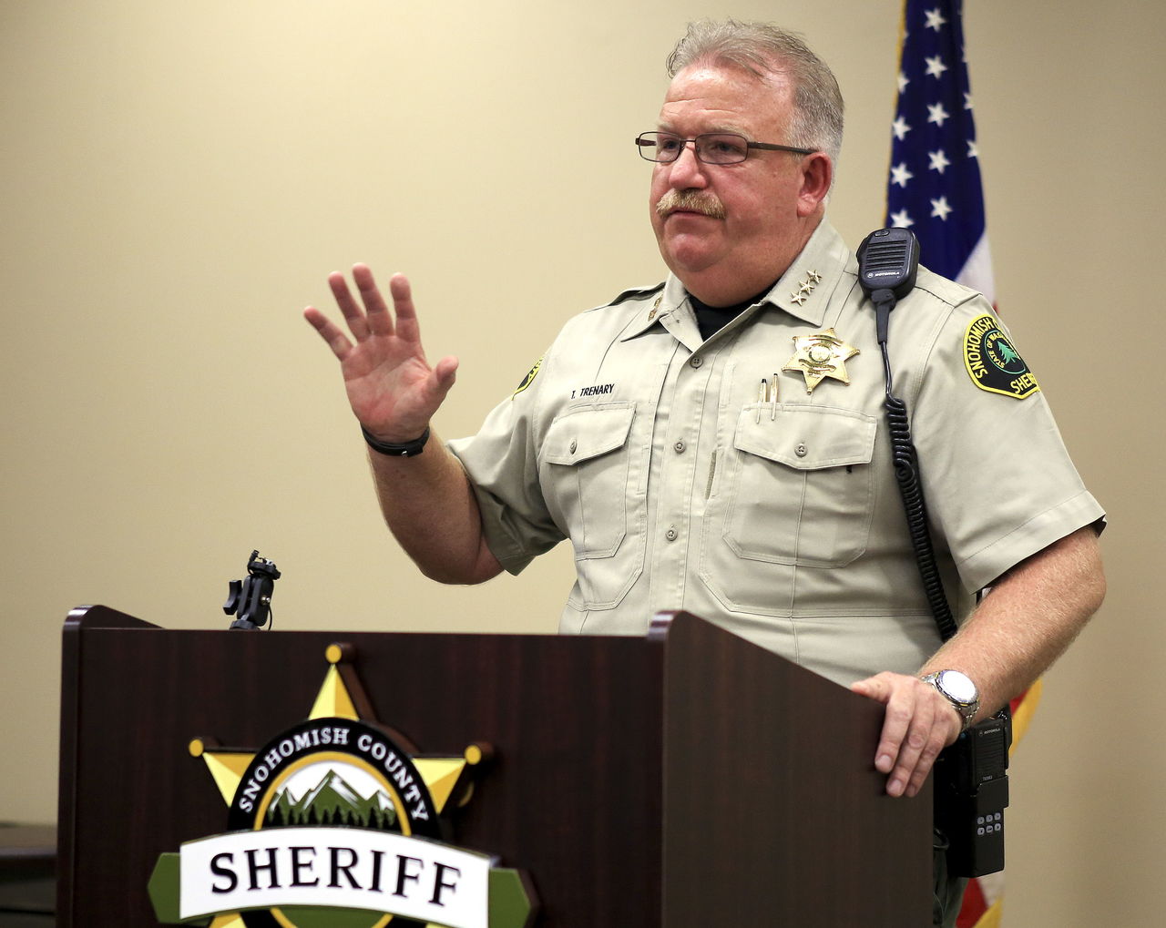 Sheriff Ty Trenary addresses a press conference at the Snohomish Courthouse in Everett on Sunday regarding the deaths of an Arlington couple.