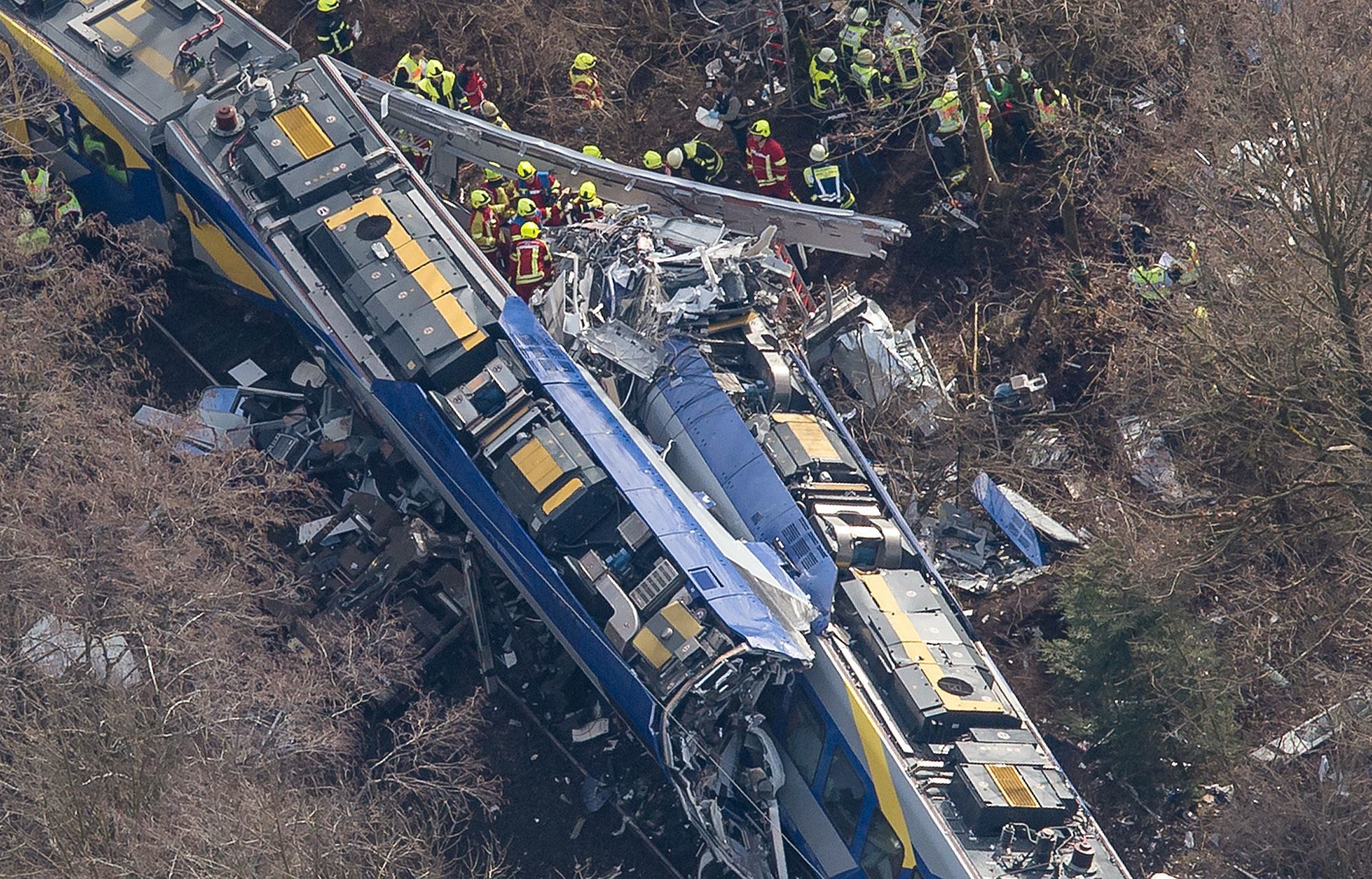 An aerial view of rescue forces working at the site of a train accident near Bad Aibling, Germany on Tuesday.