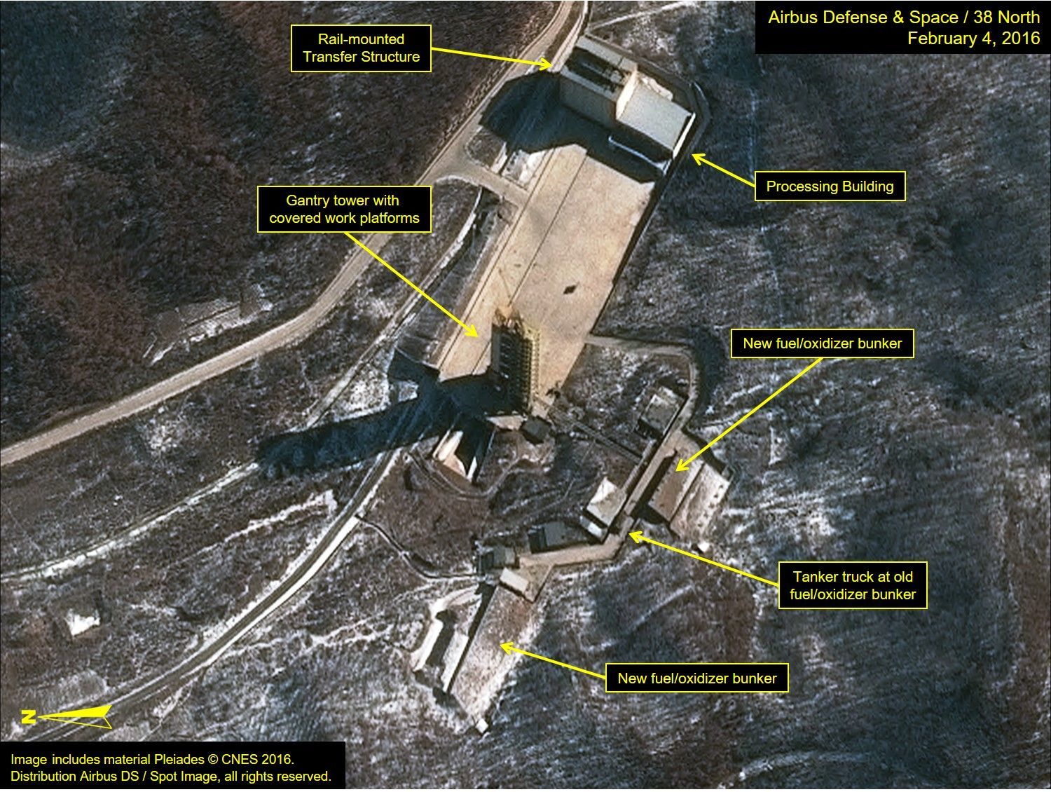 A satellite image is captured Feb. 4 of the Sohae lauch facility on the west coast of North Korea,in Cholsan County, North Pyongan Province. The website 38 North says that North Korea appears to have brought in fuel in preparation for a rocket launch it plans to conduct in defiance of international sanctions this month.
