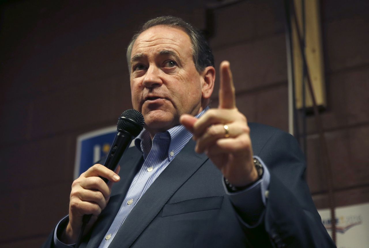 Republican presidential candidate, former Arkansas Gov. Mike Huckabee, speaks at Inspired Grounds Cafe on Sunday in West Des Moines, Iowa. Huckabee said on Twitter Monday he’s ending his run for president.