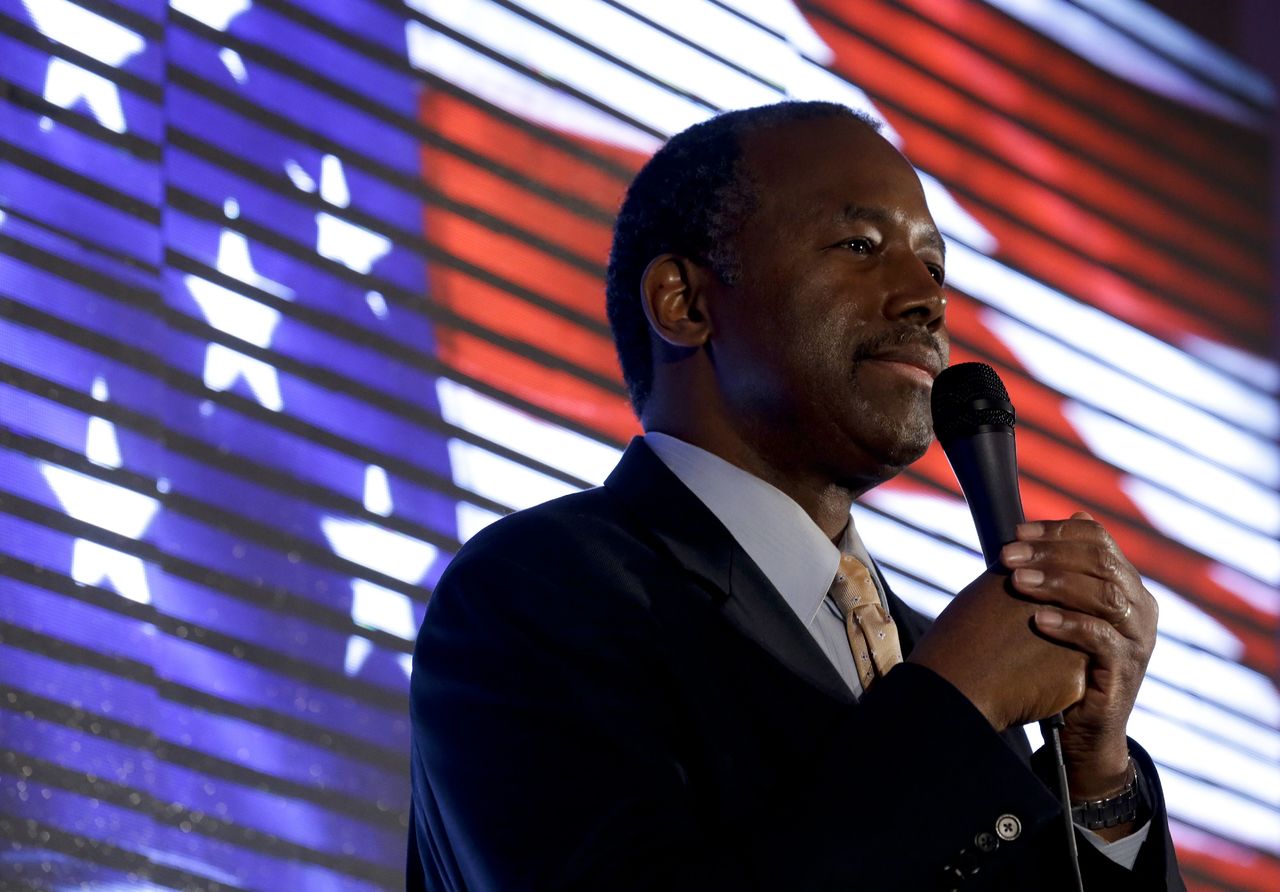 Republican presidential candidate Ben Carson speaks during a campaign event at the Noah’s Event Venue on Saturday.