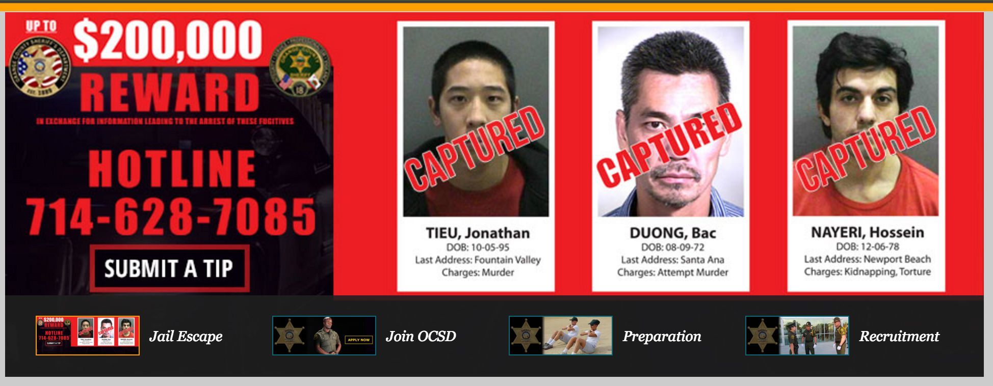This banner atop the Orange County Sheriff’s Department webpage shows the latest iteration of their Internet “wanted” poster, showing that all three escaped inmates are in custody as of Saturday. After a week of SWAT raids and a gang dragnet, it was a tip that led San Francisco police to the two remaining fugitives who broke out of a Santa Ana, California, jail. A third surrendered Friday.