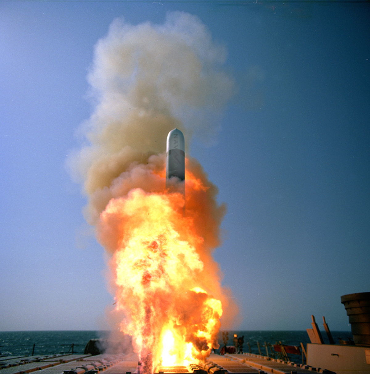 A Tomahawk missile launches from the guided missile destroyer USS Stethem during a live-warhead test.