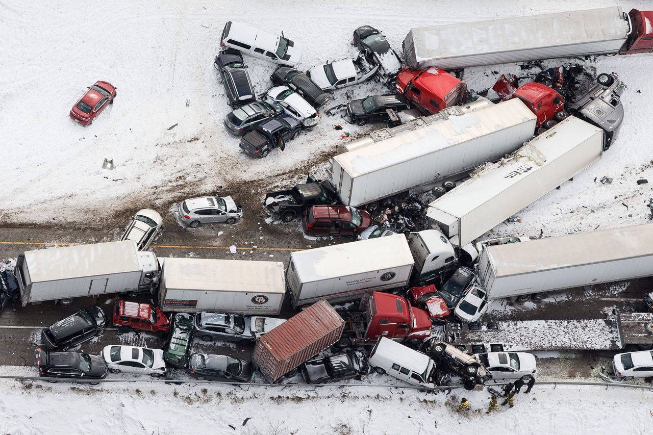 Vehicles pile up at the site of a fatal crash near Fredericksburg, Pennsylvania, on Saturday.