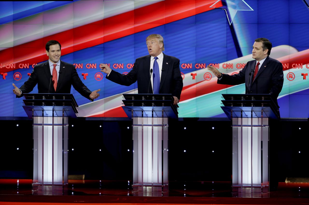 From left, Republican presidential candidates Marco Rubio, Donald Trump and Ted Cruz speak during a presidential primary debate at in Houston on Thursday.
