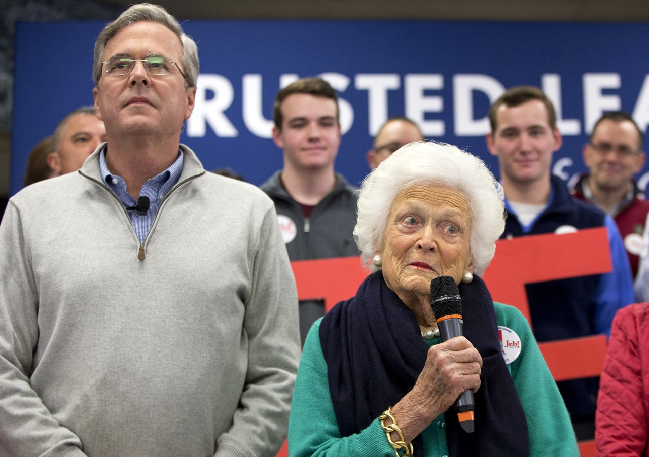 Barbara Bush, mother of Republican presidential candidate Jeb Bush, introduces her son at a town hall meeting in Derry, New Hampshire, on Feb. 4.