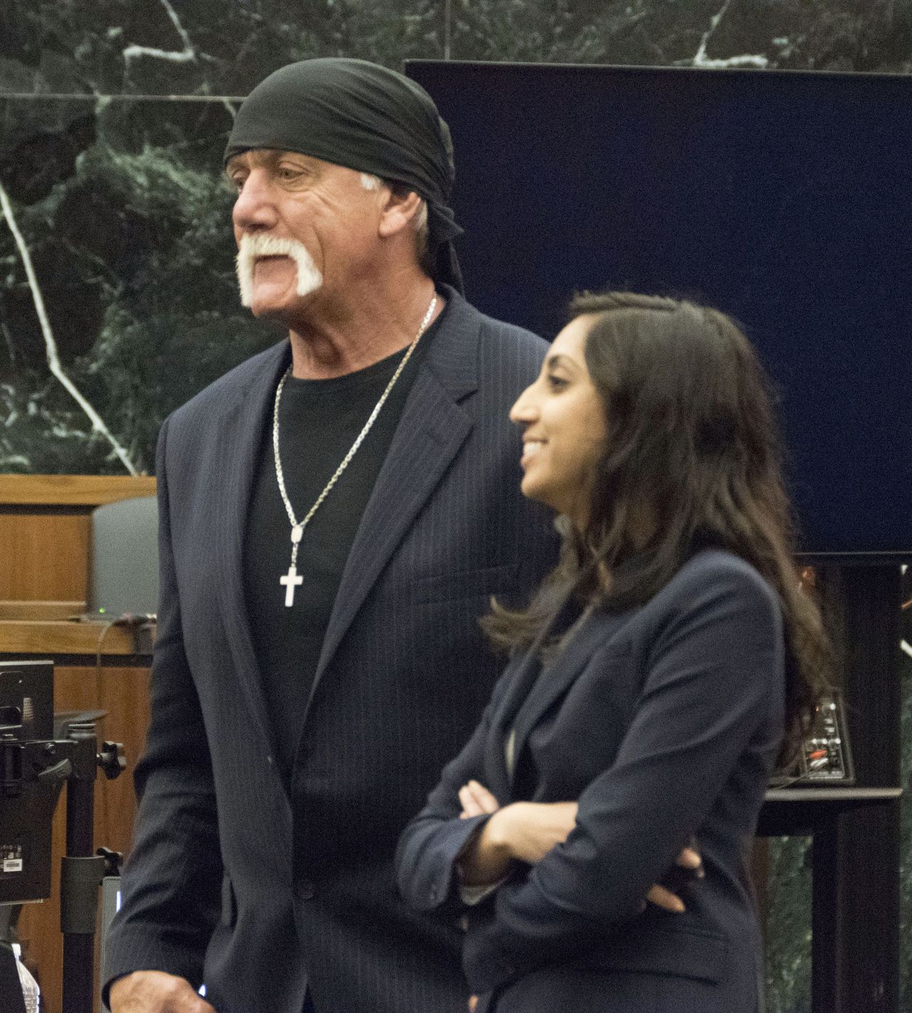Former professional wrestler Hulk Hogan and attorney Seema Ghatnekar take a break after the jury was handed Hogan’s case against Gawker Media for deliberations Friday.