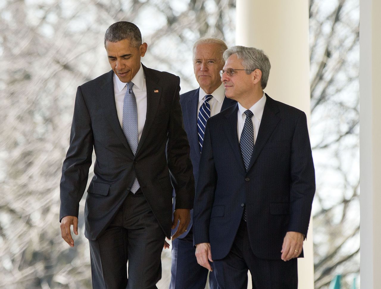 Federal appeals court judge Merrick Garland (right) walks with President Barack Obama and Vice President Joe Biden to be introduced as Obama’s nominee for the Supreme Court at the White House in Washington on Wednesday.