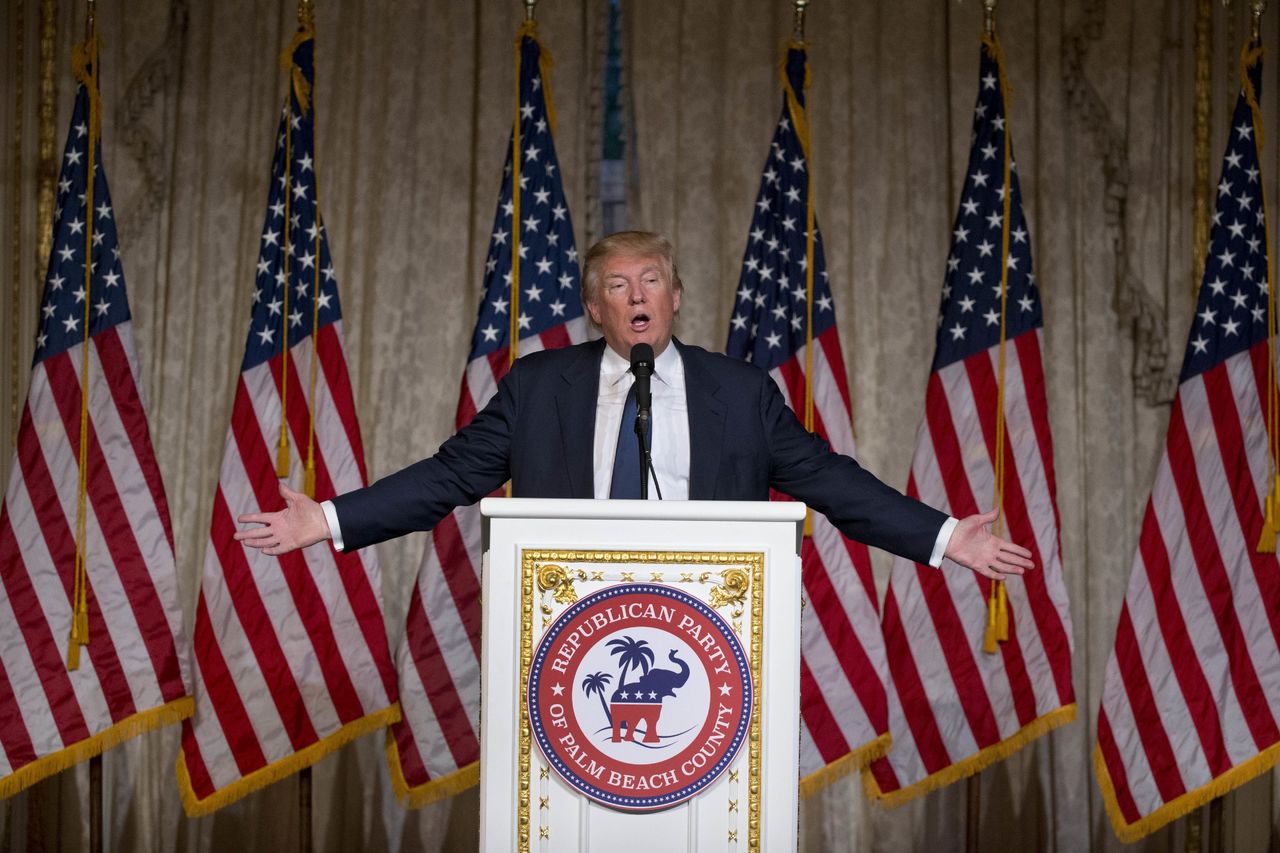 Republican presidential candidate Donald Trump speaks during the Palm Beach County GOP Lincoln Day Dinner at the Mar-A-Lago Club on Sunday in Palm Beach, Florida.