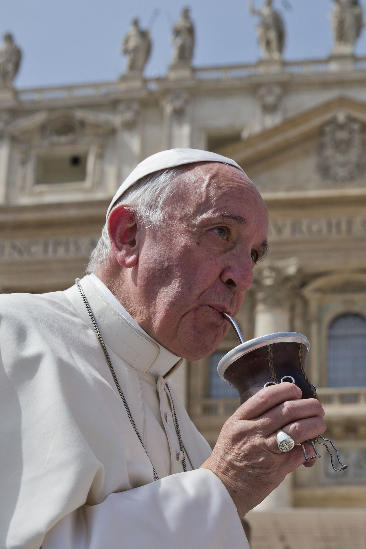 Pope Francis drinks from a mate gourd at the end of his weekly general audience at the Vatican on Wednesday.
