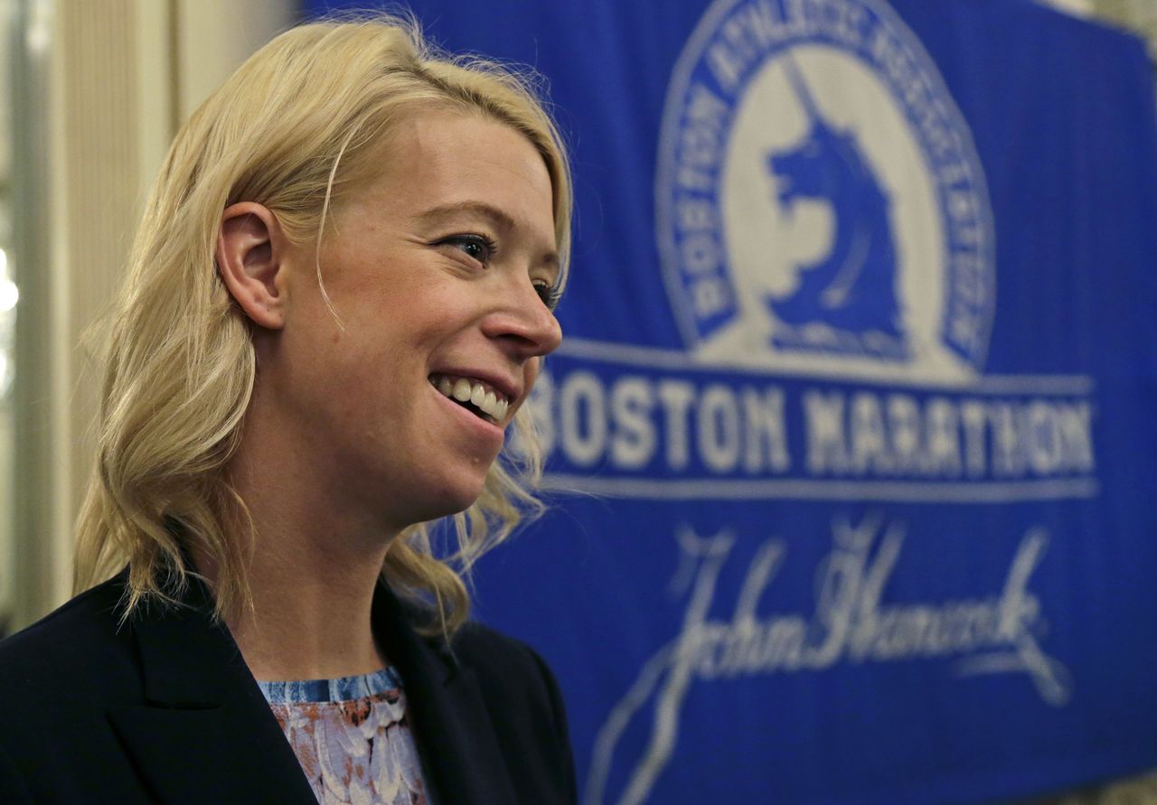 Adrianne Haslet, a 2013 Boston Marathon survivor, speaks at a news conference Thursday in Boston after receiving the Patriots’ Award, which is annually given to a New England-based individual, group, or organization that is patriotic, philanthropic, and inspirational, and fosters goodwill and sportsmanship.