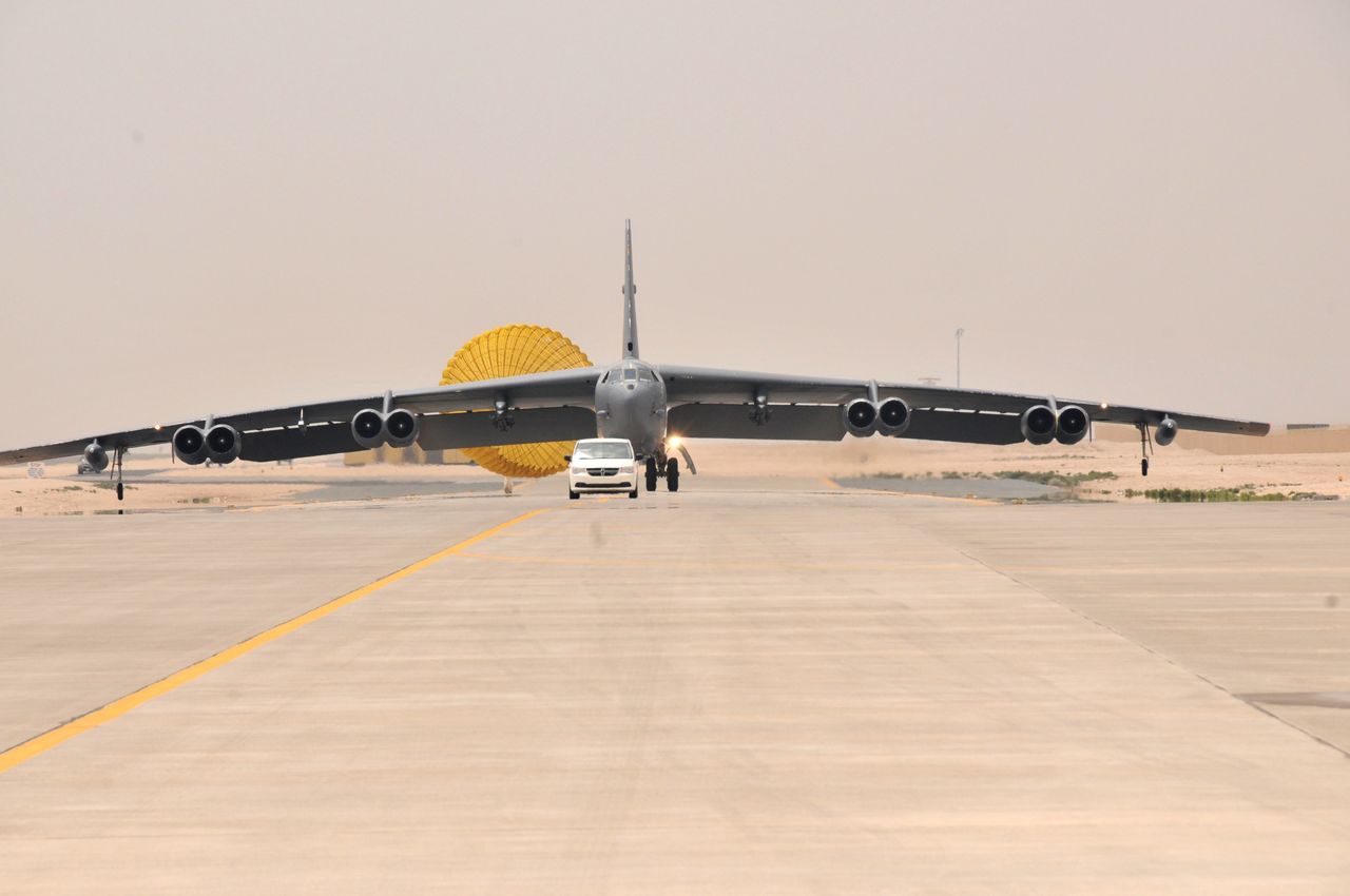 An Air Force B-52 from Barksdale Air Force Base, Louisiana, arrives at Al Udeid Air Base, Qatar, Saturday. The Air Force said it has deployed the bombers to take part in the U.S.-led bombing campaign against ISIS.