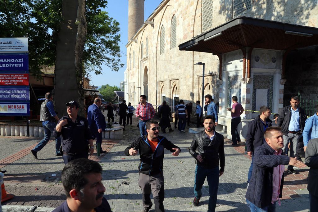 Security officials secure the area after an explosion outside the historical Ulu Cami in Bursa, Turkey, on Wednesday. Turkish officials say a suicide attack has hit the northwestern city of Bursa, a popular tourist destination.
