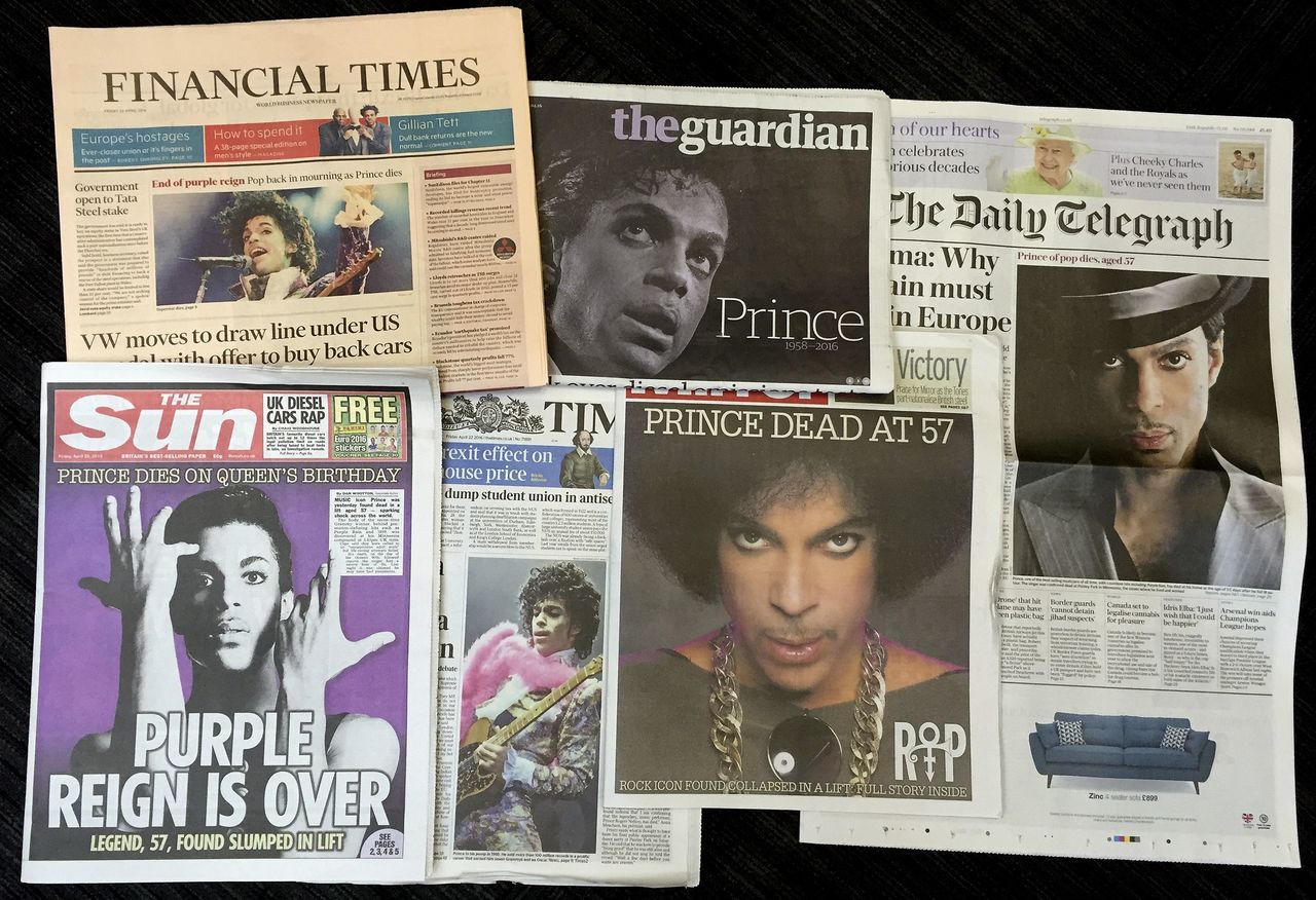 British national newspapers’ front pages leading with the story about the death of U.S. musician Prince are displayed Friday.