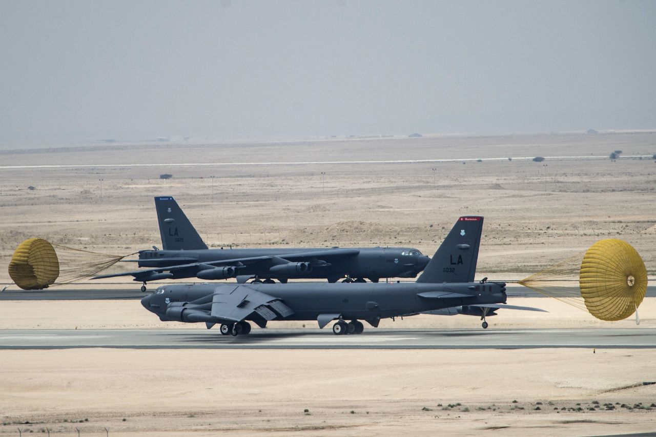 U.S. Air Force B-52 Stratofortress aircraft from Barksdale Air Force Base, Louisiana, arrive in Qatar on April 9, 2016.