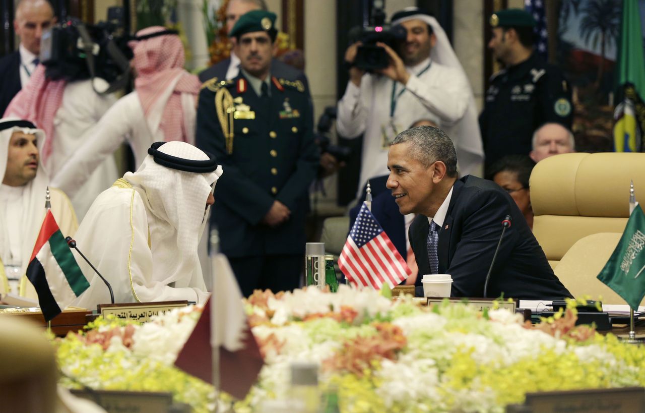 President Barack Obama speaks with Abu Dhabi’s Crown Prince Sheikh Mohamed bin Zayed Al Nahyan during a Gulf Cooperation Council session during the Gulf Cooperation Council Summit in Riyadh, Saudi Arabia, on Thursday. The president is on a weeklong trip to strategize with his counterparts in Saudi Arabia, England and Germany on a broad range of issues with efforts to rein in the Islamic State group being the common denominator in all three stops.