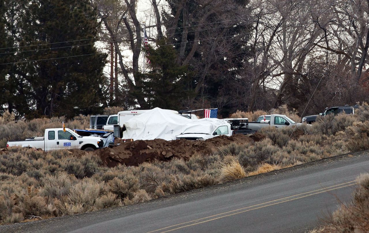 The campsite where the last 4 occupiers stayed is visible near the Malheur National Wildlife Refuge headquarters outside Burns, Oregon, on Friday.