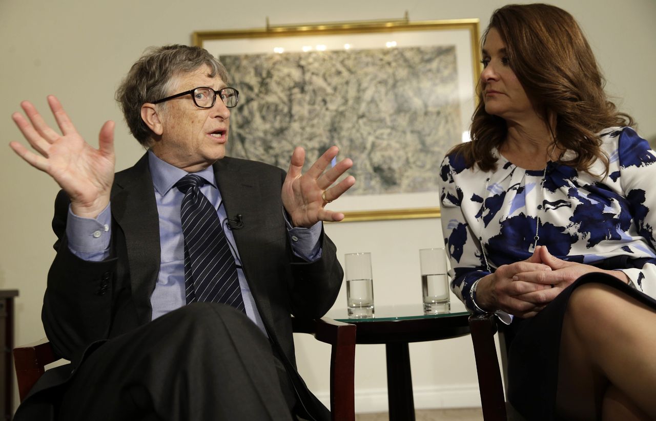 Bill and Melinda Gates talk to reporters about the 2016 annual letter from their foundation, the Bill and Melinda Gates Foundation, in New York on Monday. The couple, co-chairs of the largest private foundation in the world, has made a tradition of releasing an annual letter on philanthropy.