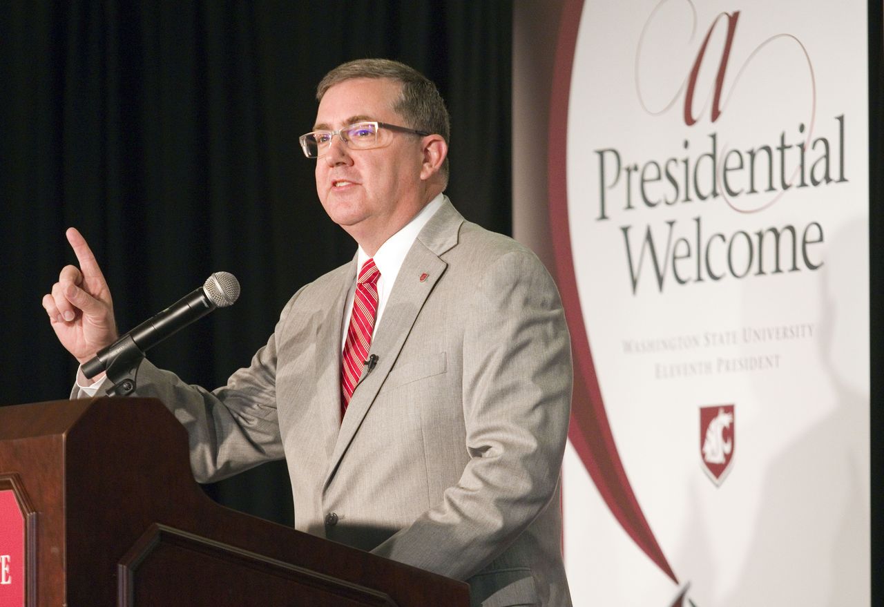 Incoming Washington State University President Kirk Schulz speaks during his first visit to campus on Friday at the Compton Union Building in Pullman.
