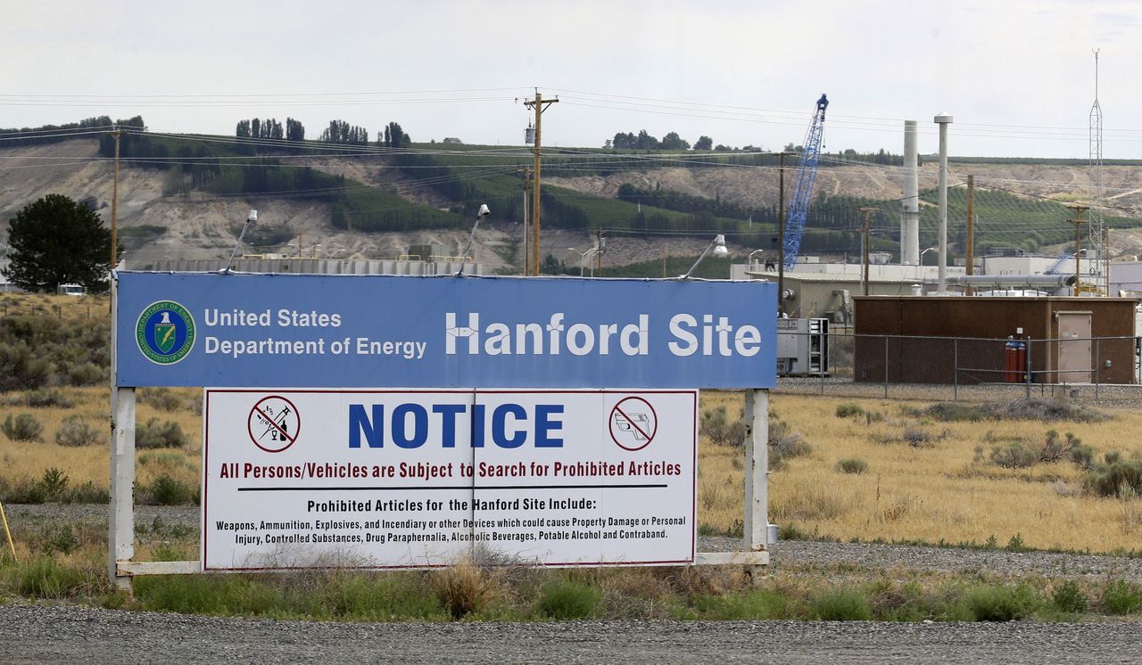 In this July 9, 2014, photo, a sign informs visitors of prohibited items on the Hanford Nuclear Reservation near Richland.