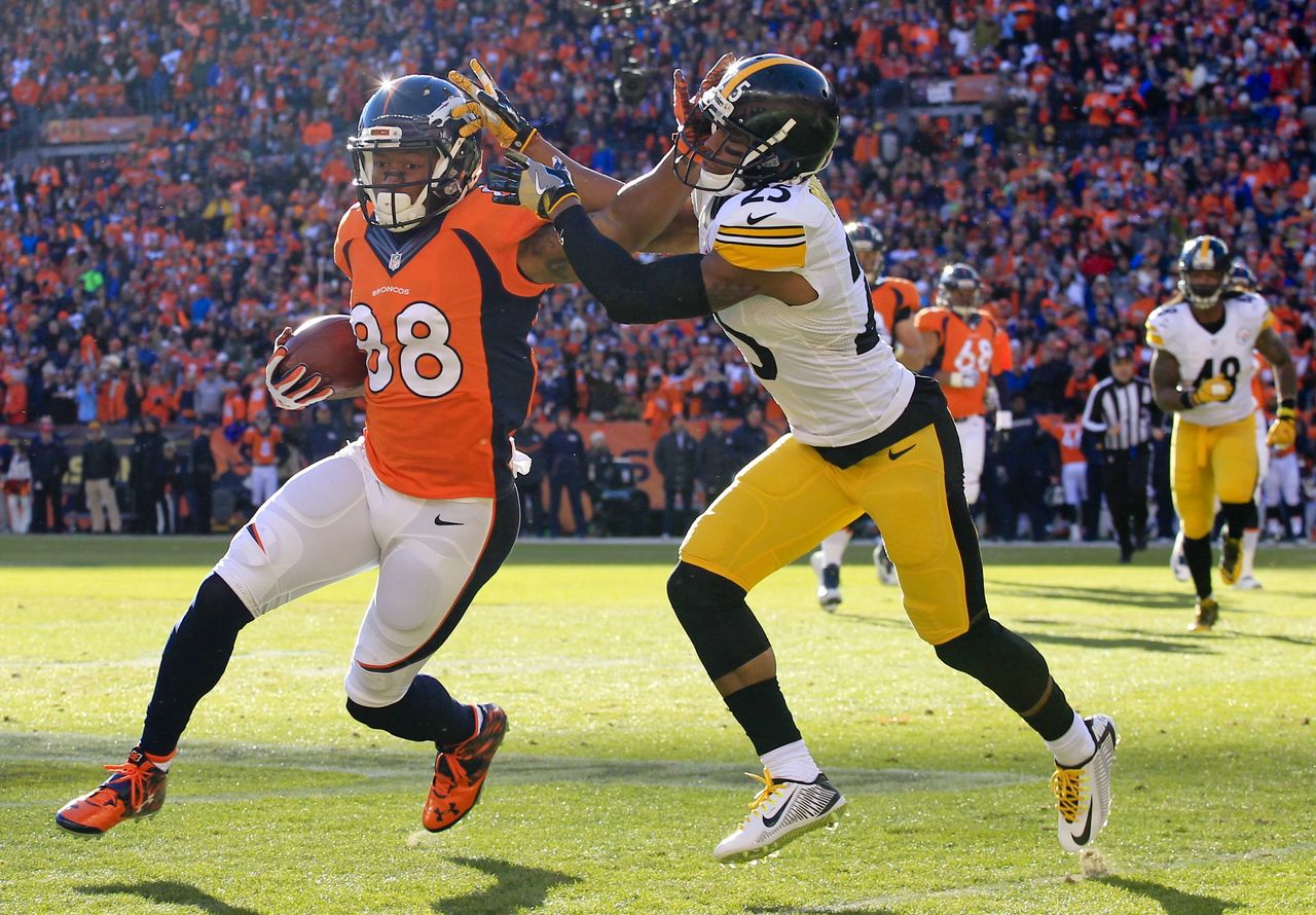 Broncos wide receiver Demaryius Thomas (left) pushes off Steelers defensive back Brandon Boykin during the first half of a divisional playoff game Jan. 17 in Denver.