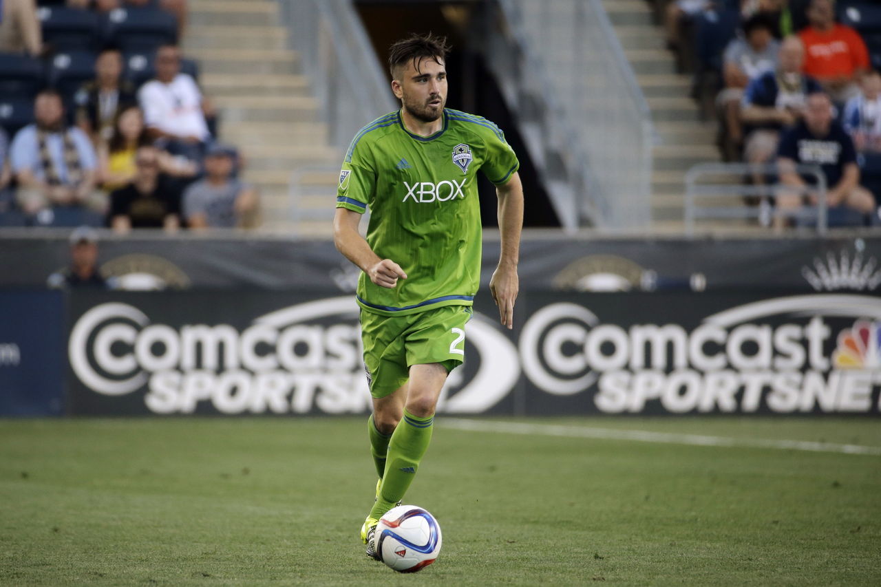 Seattle’s Jimmy Ockford, shown here during a match at Philadelphia on June 24, will be filling in at center back for the injured Brad Evans.