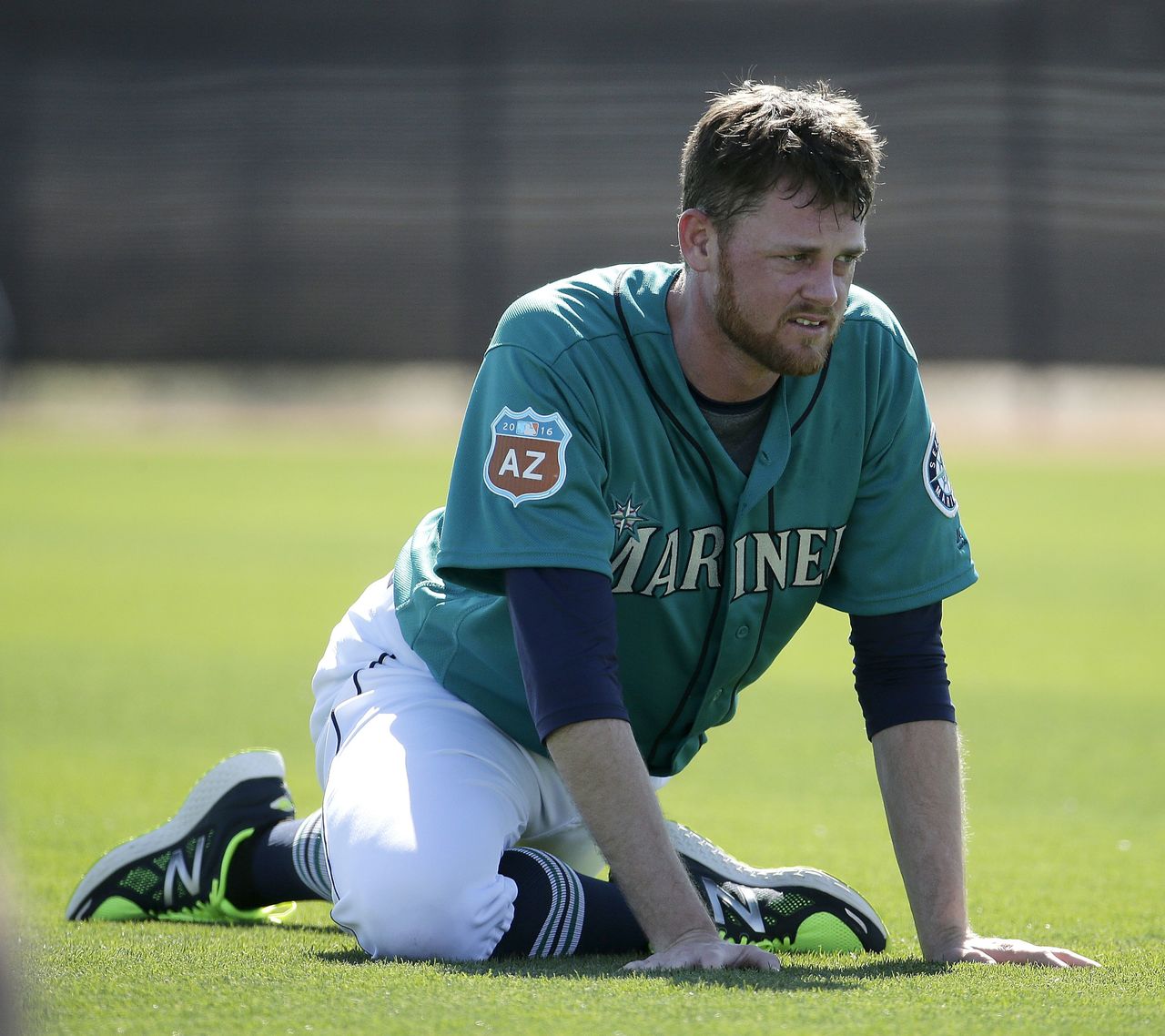 Seattle Mariners relief pitcher Charlie Furbush stretches during practice Monday in Peoria, Arizona.